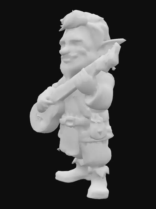 3D model for Young and happy gnome bard, with short hair and short beard, without hat. Playing a lute with his hands. a estoc on the side of the belt.