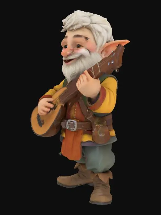 3D model for Young and happy gnome bard, with short hair and short beard, without hat. Playing a lute with his hands. a estoc on the side of the belt.