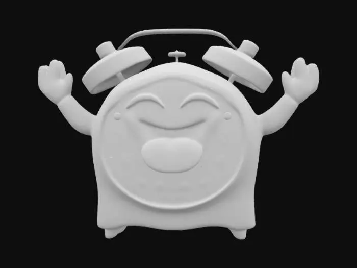 3D model for Create a model of a futuristic alarm clock. The alarm clock should be a fusion of a classical alarm clock and a ghost emoji. The fusion should have a laughing face with a prominent tongue and raised arms. The ghost emoji should overbalance the fusion. The fusion of an alarm clock and a ghost emoji should be painted white. Try to create a high quality, detailed model.