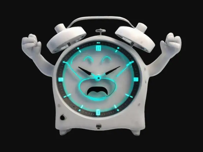 3D model for Create a model of a futuristic alarm clock. The alarm clock should be a fusion of a classical alarm clock and a ghost emoji. The fusion should have a laughing face with a prominent tongue and raised arms. The ghost emoji should overbalance the fusion. The fusion of an alarm clock and a ghost emoji should be painted white. Try to create a high quality, detailed model.