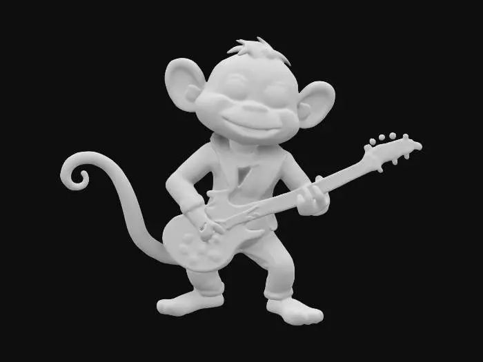 3D model for Create a model of a monkey. The monkey should have a long, curvy tail. The monkey should have a cartoonish, friendly look. The monkey should wear tracksuit clothes. The monkey should play an electric guitar. The guitar should be in a V style. The model should be in heavy metal style. Try to create a high quality, detailed model.