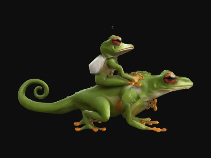3D model for Create a high-quality, detailed 3D model of a bipedal, anthropomorphic tree frog. The design should feature the frog adorned in a traditional jockey suit, complete with appropriate racing accessories. Additionally, the frog should be depicted riding a large lizard, which is characterized by a long, gracefully curved tail. Emphasize intricate textures, colors, and anatomical accuracy in both the frog and the lizard to ensure a visually compelling representation.