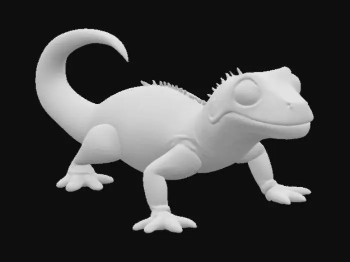 3D model for a cute and realistic lizard, standing on four legs, laying flat, long curved tail, super stretchy, purple skin, made of rubber, white background