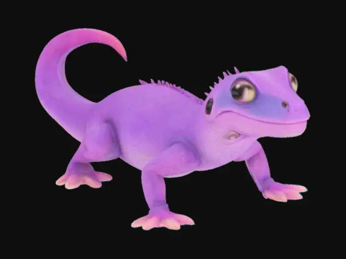 3D model for a cute and realistic lizard, standing on four legs, laying flat, long curved tail, super stretchy, purple skin, made of rubber, white background