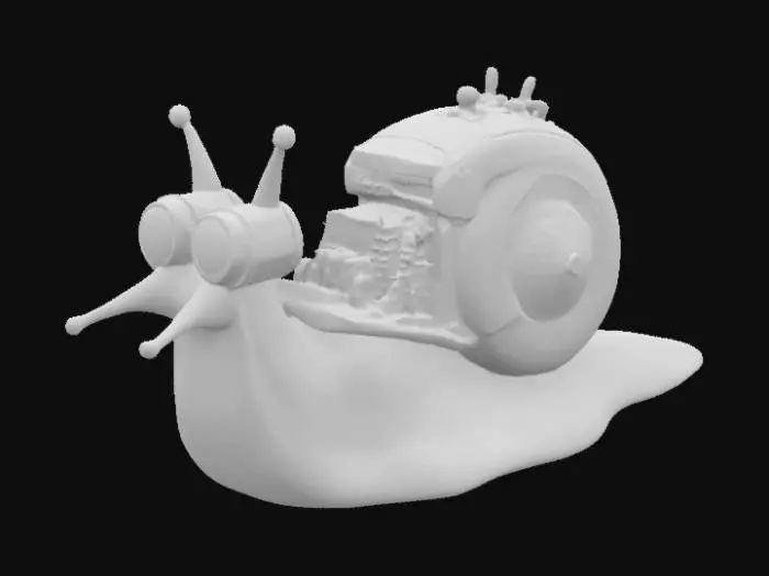 3D model for a speed-obsessed snail with a chrome-plated turbocharger shell, wearing racing goggles
