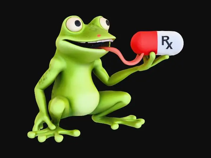 3D model for A funny cartoonish green frog with a long tongue, a big medical pill on the tongue, four legs, anatomically correct, high quality