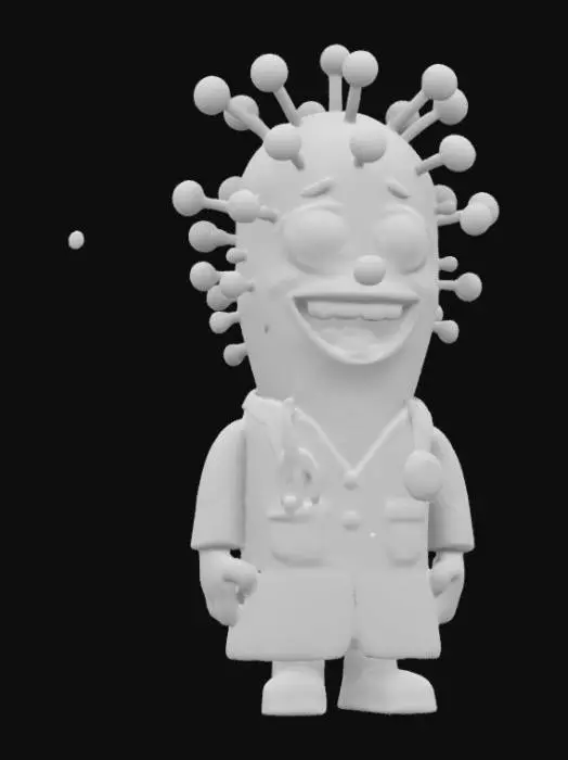 3D model for Create  a 3d doctor bacteria, The image features a stylized, anthropomorphic cell with a human-like face, wearing a white lab coat and holding a stethoscope. The cell has a vibrant red body with spiky protrusions, blue eyes, and a wide, happy smile. It also has a pair of white gloves and a blue stethoscope. The overall style is cartoonish and whimsical, with a focus on the cell's cheerful and friendly demeanor