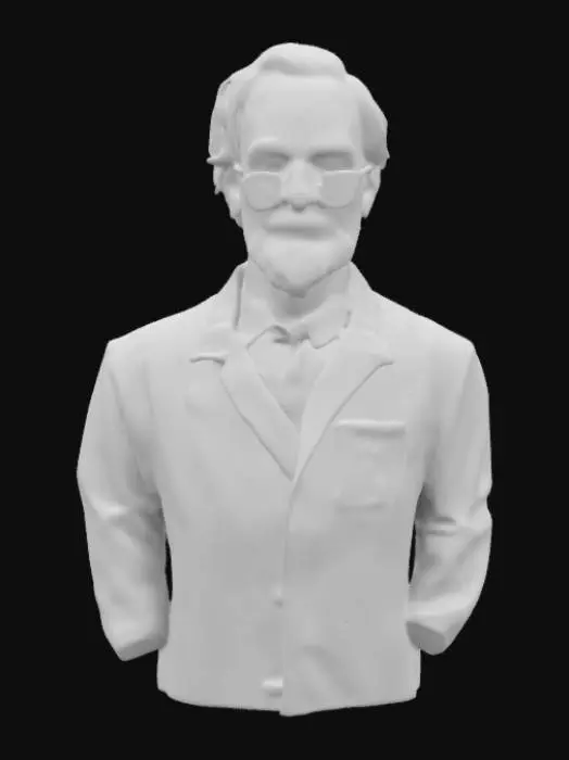 3D model for Create a model of a pharmacist man. The pharmacist should be old. The pharmacist should have light grey beard and moustache, similar to the Santa Claus. The pharmacist should wear glasses. The pharmacist should wear a white lab coat and black pants. The lab coat should have a "Rx" text embossed on the front. Try to create a high quality, detailed model.