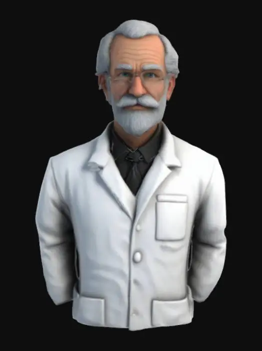 3D model for Create a model of a pharmacist man. The pharmacist should be old. The pharmacist should have light grey beard and moustache, similar to the Santa Claus. The pharmacist should wear glasses. The pharmacist should wear a white lab coat and black pants. The lab coat should have a "Rx" text embossed on the front. Try to create a high quality, detailed model.