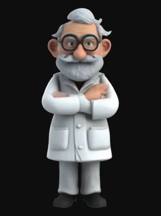 3D model for Create a model of a pharmacist man. The pharmacist should be old. The pharmacist should have large light grey beard and large moustache, similar to the Santa Claus. The pharmacist should wear glasses. The pharmacist should wear a white lab coat and black pants. The lab coat should have a "Rx" text embossed on the front. Try to create a high quality, detailed model.