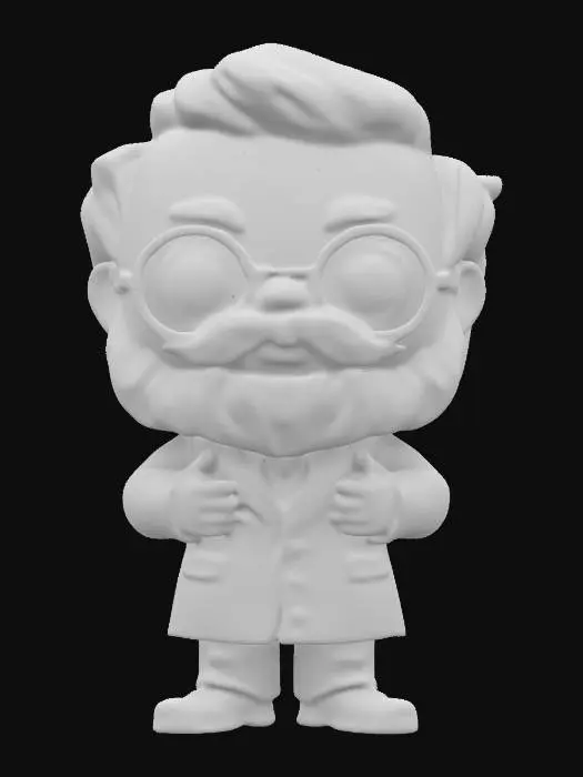 3D model for Create a model of a pharmacist man. The pharmacist should be old. The pharmacist should have large light grey beard and large moustache, similar to the Santa Claus. The pharmacist should wear glasses. The pharmacist should wear a white lab coat and black pants. The lab coat should have a "Rx" text embossed on the front. The model should be in Funko Pop style. Try to create a high quality, detailed model.