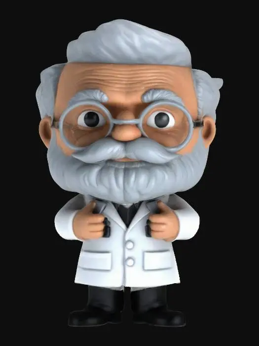 3D model for Create a model of a pharmacist man. The pharmacist should be old. The pharmacist should have large light grey beard and large moustache, similar to the Santa Claus. The pharmacist should wear glasses. The pharmacist should wear a white lab coat and black pants. The lab coat should have a "Rx" text embossed on the front. The model should be in Funko Pop style. Try to create a high quality, detailed model.