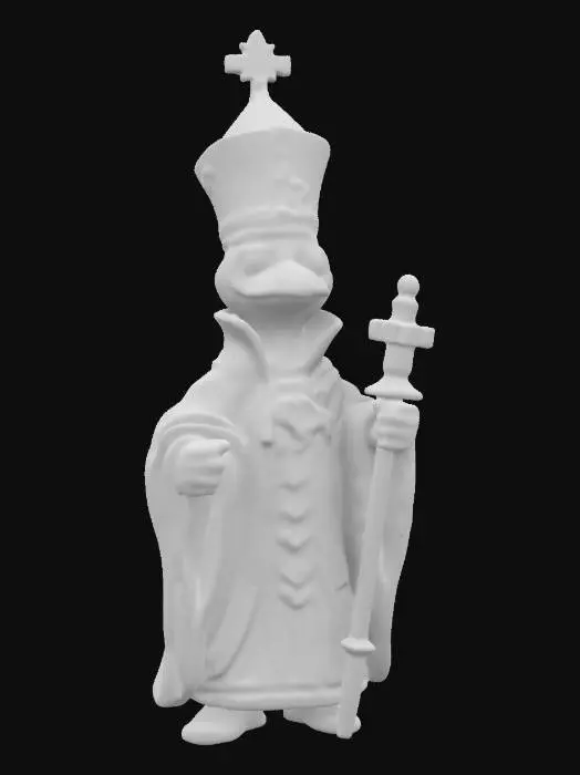 3D model for Create a model of a chess piece Bishop with duck head. The piece should wear a miter on the head. The piece should have a bishop's staff attached to the side. Try to create a high quality, detailed model.
