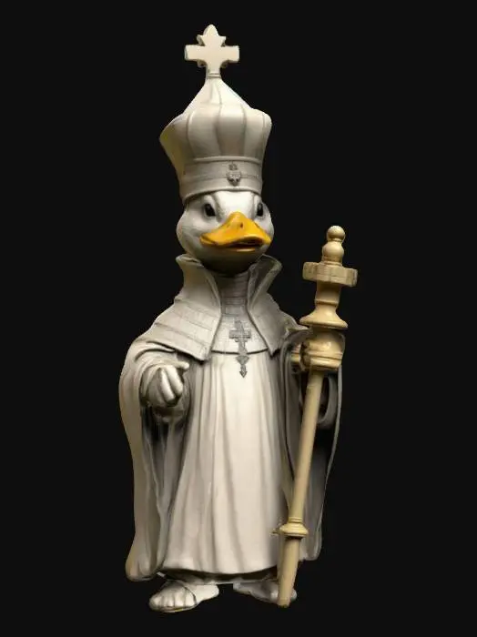 3D model for Create a model of a chess piece Bishop with duck head. The piece should wear a miter on the head. The piece should have a bishop's staff attached to the side. Try to create a high quality, detailed model.