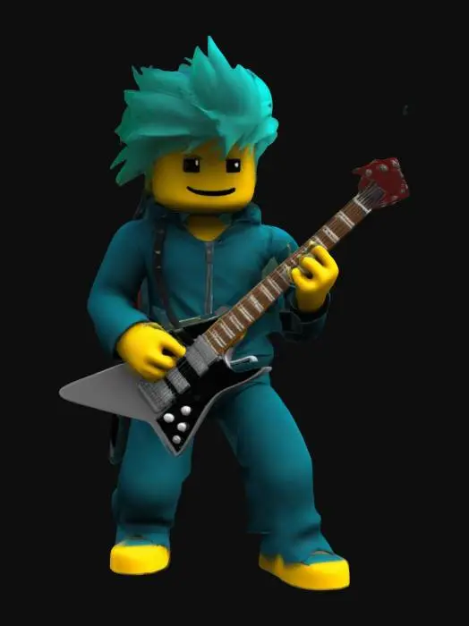 3D model for Create a model of a Roblox Noob. The Roblox Noob should wear tracksuit clothes. The Roblox Noob should play an electric guitar. The guitar should be in a V style. The model should be in heavy metal style. Try to create a high quality, detailed model.