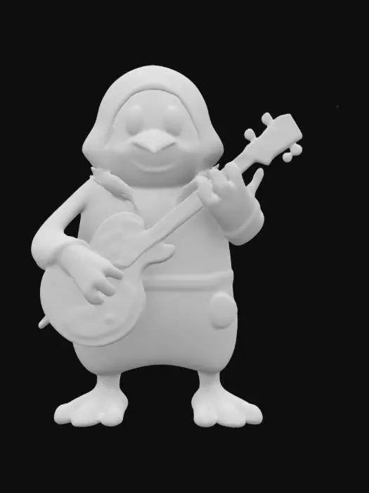 3D model for Create a model of a penguin. The penguin should look like Tux, the Linux mascot. The penguin should have a cartoonish, friendly look. The penguin should wear tracksuit clothes. The penguin should play an electric guitar. The model should be in heavy metal style. Try to create a high quality, detailed model.