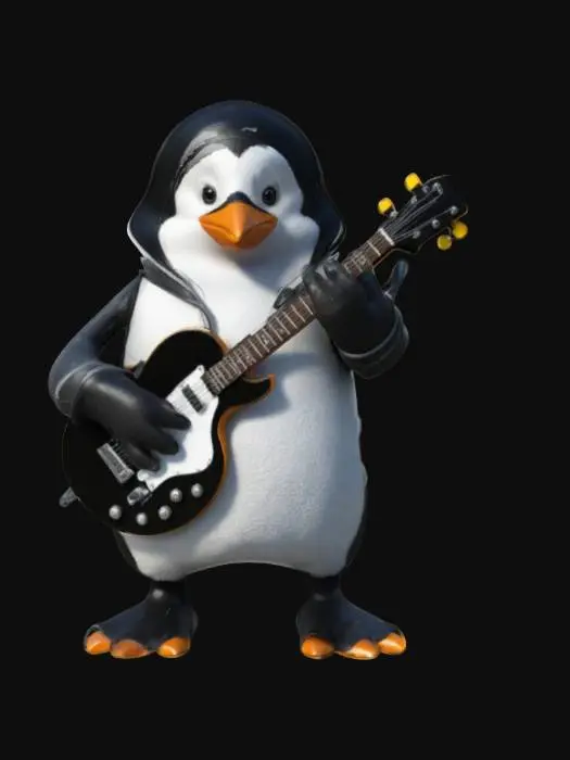 3D model for Create a model of a penguin. The penguin should look like Tux, the Linux mascot. The penguin should have a cartoonish, friendly look. The penguin should wear tracksuit clothes. The penguin should play an electric guitar. The model should be in heavy metal style. Try to create a high quality, detailed model.
