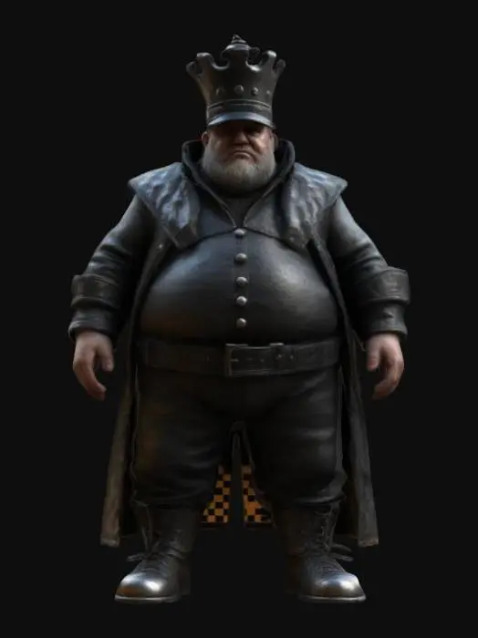 3D model for ultra realistic, ultra detailed, all the textures are well lit and bright, Create a humanized version of a chess rook. The piece should be a fat man. The man should wear a hat in a shape of a tower. The man should wear dark leather clothes. The model should be in heavy metal style. Ensure the full body design.