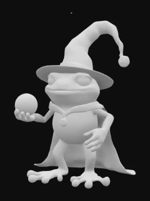 3D model for Create a detailed 3D model of a magician frog. The frog should be depicted holding a crystal ball and wearing an elaborate magician hat. Emphasize the intricate details of the model, including textures, colors, and any unique features that enhance its magical appearance.