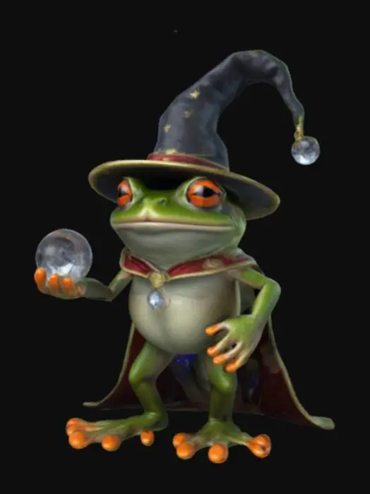 3D model for Create a detailed 3D model of a magician frog. The frog should be depicted holding a crystal ball and wearing an elaborate magician hat. Emphasize the intricate details of the model, including textures, colors, and any unique features that enhance its magical appearance.