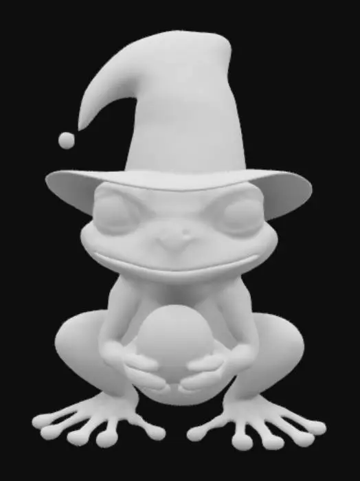 3D model for Create a detailed 3D model of a magician frog. The frog should be depicted holding a crystal ball and wearing an elaborate magician hat. Emphasize the intricate details of the model, including textures, colors, and any unique features that enhance its magical appearance.