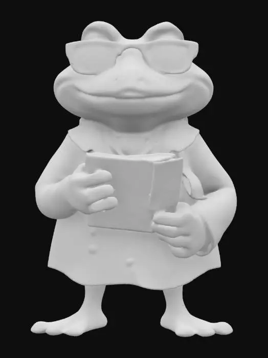 3D model for Design a 3D model of an anthropomorphic, bipedal frog characterized as a scientist. This frog should be depicted wearing stylish glasses and a professional lab coat, symbolizing its academic prowess. In its hands, the frog should be holding a detailed notebook, reflecting its dedication to research and exploration. Ensure that the model incorporates intricate details such as realistic skin texture, expressive facial features, and laboratory attire, to bring this unique character to life.
