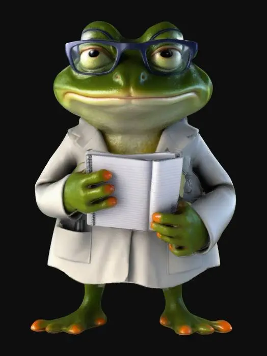 3D model for Design a 3D model of an anthropomorphic, bipedal frog characterized as a scientist. This frog should be depicted wearing stylish glasses and a professional lab coat, symbolizing its academic prowess. In its hands, the frog should be holding a detailed notebook, reflecting its dedication to research and exploration. Ensure that the model incorporates intricate details such as realistic skin texture, expressive facial features, and laboratory attire, to bring this unique character to life.
