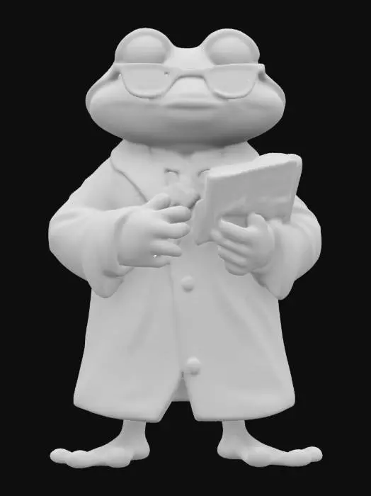 3D model for Design a 3D model of an anthropomorphic, bipedal frog characterized as a scientist. This frog should be depicted wearing stylish glasses and a professional lab coat, symbolizing its academic prowess. In its hands, the frog should be holding a detailed notebook, reflecting its dedication to research and exploration. Ensure that the model incorporates intricate details such as realistic skin texture, expressive facial features, and laboratory attire, to bring this unique character to life.