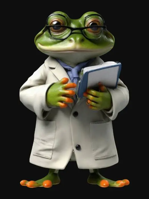 3D model for Design a 3D model of an anthropomorphic, bipedal frog characterized as a scientist. This frog should be depicted wearing stylish glasses and a professional lab coat, symbolizing its academic prowess. In its hands, the frog should be holding a detailed notebook, reflecting its dedication to research and exploration. Ensure that the model incorporates intricate details such as realistic skin texture, expressive facial features, and laboratory attire, to bring this unique character to life.