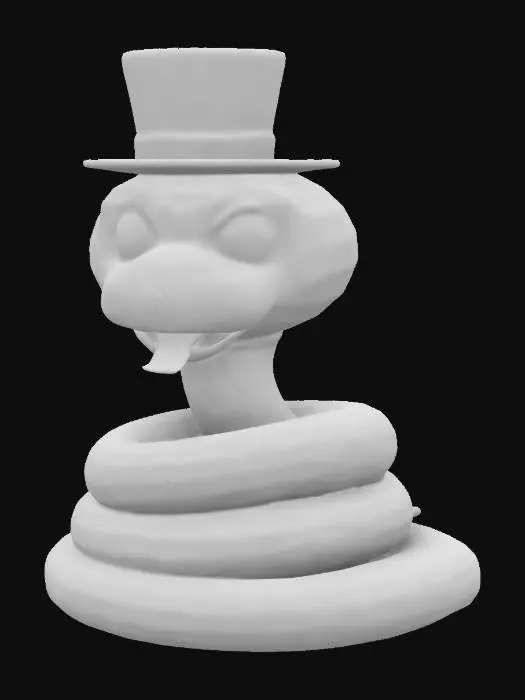 3D model for Create a model of a pet snake. The snake should have a cartoonish, friendly look. The snake should be twisted helically, similar to poop emoji. The snake should have intricate, green scales. The snake should wear a gentleman hat on its head. Keep the design simple. Try to create a high quality, detailed model.