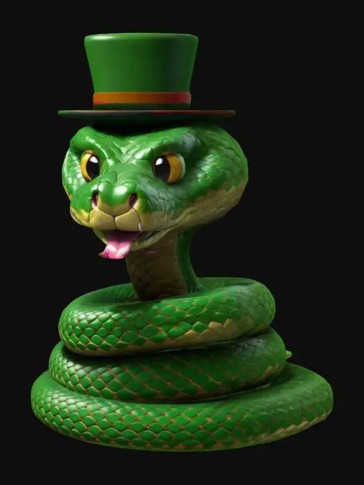3D model for Create a model of a pet snake. The snake should have a cartoonish, friendly look. The snake should be twisted helically, similar to poop emoji. The snake should have intricate, green scales. The snake should wear a gentleman hat on its head. Keep the design simple. Try to create a high quality, detailed model.