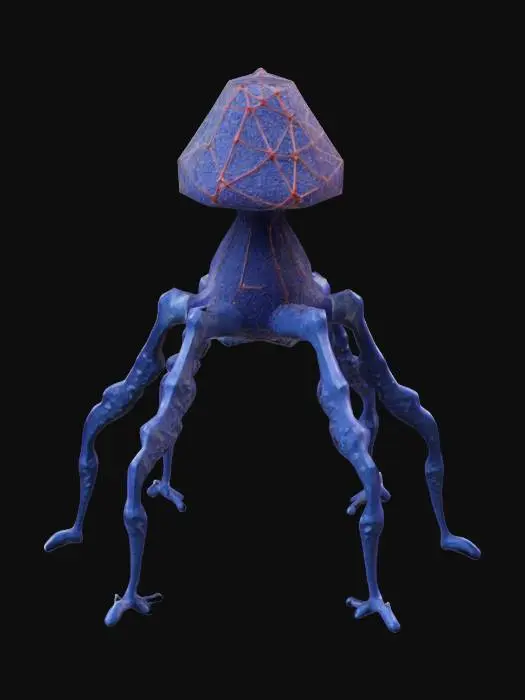 3D model for Create a detailed and realistic 3D model of a bacteriophage that features a geometric and edgy design. The model should incorporate thick structural elements to enhance durability and ensure it is suitable for 3D printing. Aim for high quality and intricate detailing to accurately represent the unique characteristics of a bacteriophage, while maintaining an aesthetically striking appearance.