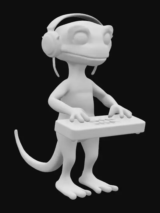 3D model for Create a model of a cartoon-style anthropomorphic lizard disc jockey figure with smooth, rounded shapes, wearing headphones, dynamically positioned over a keyboard with multicolored buttons. The lizard disc jockey should have a long, curved tail. Try to create a high quality, detailed model.