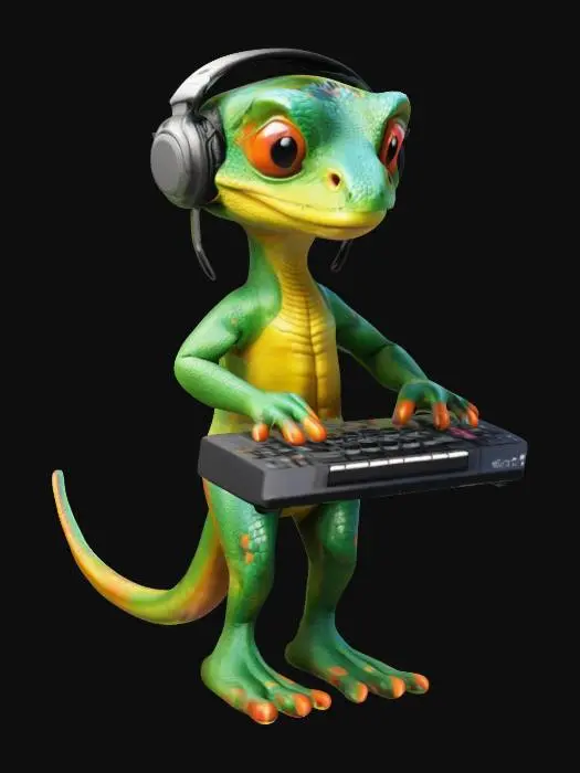 3D model for Create a model of a cartoon-style anthropomorphic lizard disc jockey figure with smooth, rounded shapes, wearing headphones, dynamically positioned over a keyboard with multicolored buttons. The lizard disc jockey should have a long, curved tail. Try to create a high quality, detailed model.