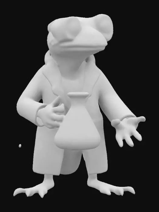 3D model for a curious little lizard scientist in a tiny lab coat, wearing safety goggles, carefully holding a glowing chemistry beaker