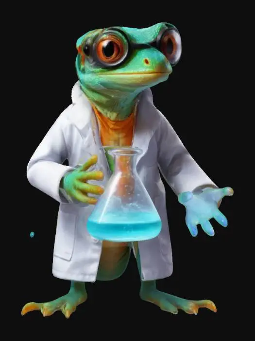 3D model for a curious little lizard scientist in a tiny lab coat, wearing safety goggles, carefully holding a glowing chemistry beaker