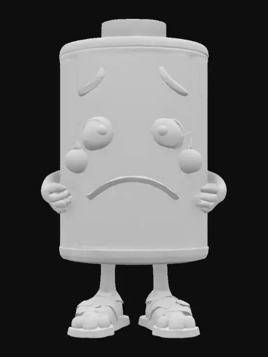 3D model for a low battery icon with sad face, hands down and flip-flops on the feet