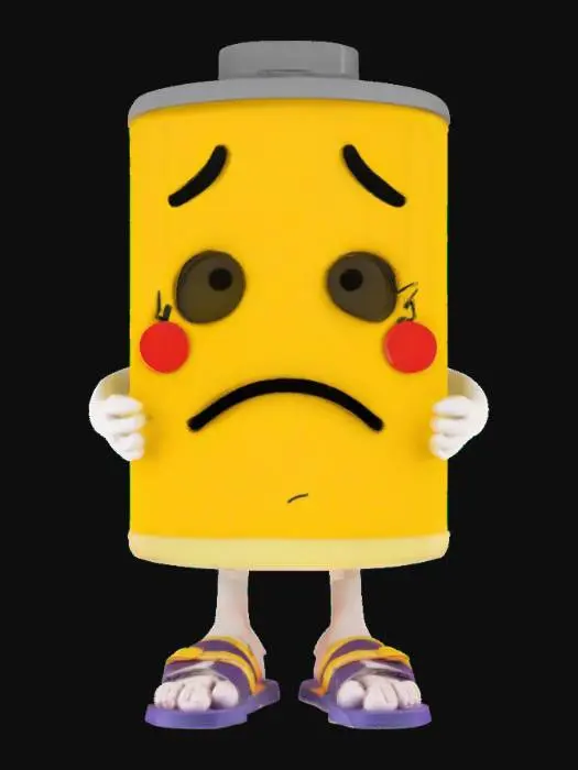 3D model for a low battery icon with sad face, hands down and flip-flops on the feet