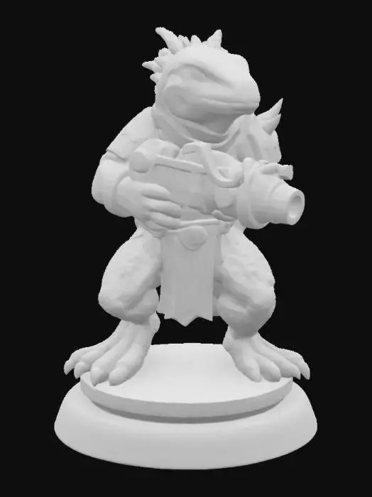 3D model for a majestic lizard chess rook warrior with sleek dark gray armor, standing proudly on a chess base, wielding a menacing grenade launcher while its powerful tail coils defensively, ready for battle