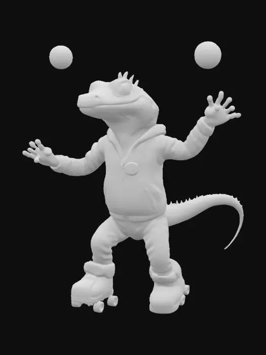 3D model for a mischievous neon-glowing iguana wearing a hazmat suit, juggling plutonium orbs while doing a dance on rollerblades