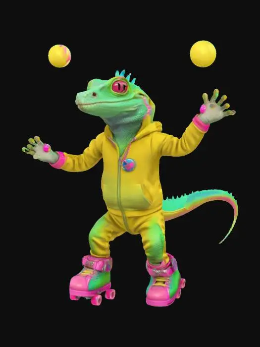 3D model for a mischievous neon-glowing iguana wearing a hazmat suit, juggling plutonium orbs while doing a dance on rollerblades