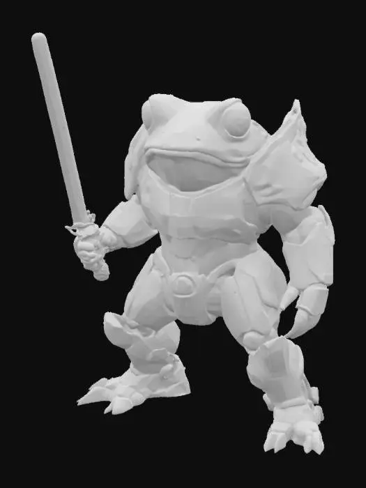 3D model for futurystyczna wojownicza ropucha szara ubrana w neonowy pancerz, trzymająca w ręce miecz świetlny, stojąca na dwóch łąpach w pozycji bojowej