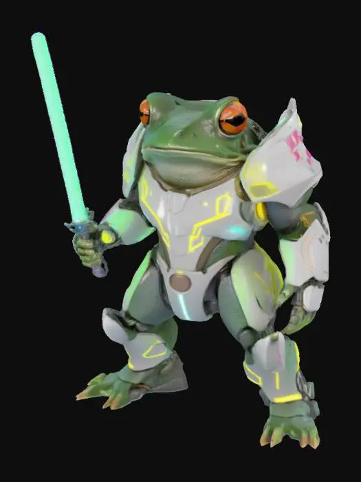 3D model for futurystyczna wojownicza ropucha szara ubrana w neonowy pancerz, trzymająca w ręce miecz świetlny, stojąca na dwóch łąpach w pozycji bojowej