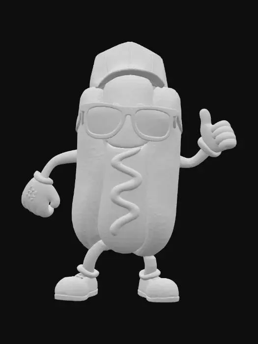 3D model for a dancing hot-dog wearing yellow mustard stylish glasses and red baseball cap, wiggling its body to the musical beats , #food#