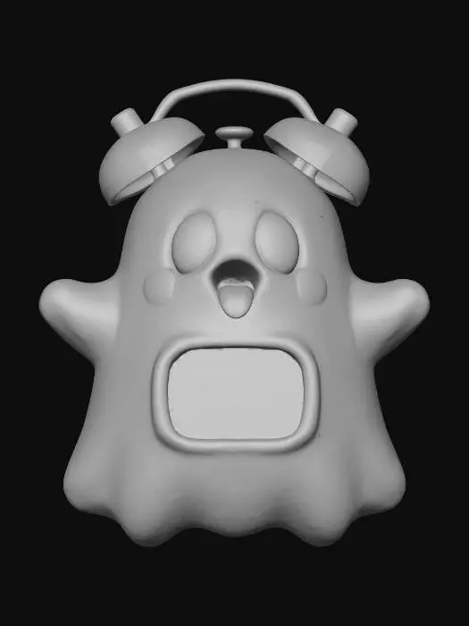 3D model for ghost-themed alarm clock toy with bells on top, white glossy plastic, blue digital time display, black eyes, red tongue