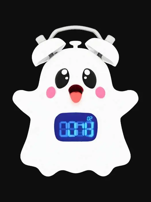 3D model for ghost-themed alarm clock toy with bells on top, white glossy plastic, blue digital time display, black eyes, red tongue