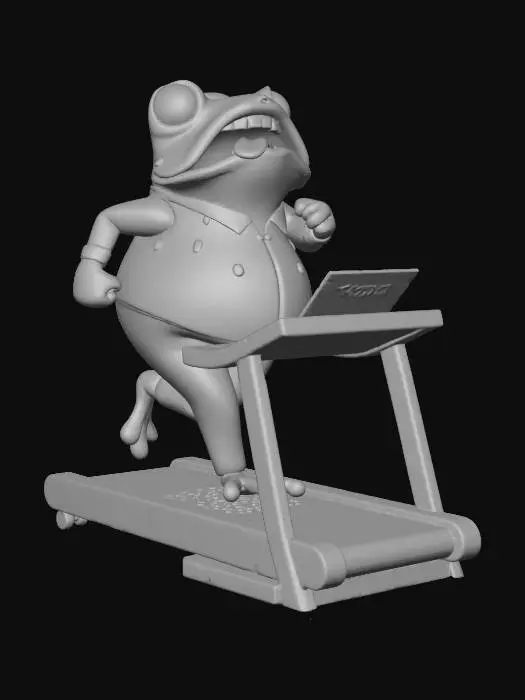 3D model for A fat green frog in a fitness suit running on an electric treadmill, exhausted look