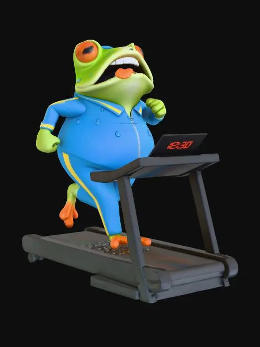 3D model for A fat green frog in a fitness suit running on an electric treadmill, exhausted look