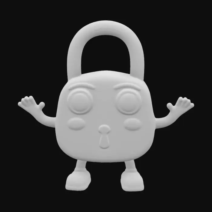 3D model for Create a detailed, high-quality model of an anthropomorphic padlock. The design should feature human hands and feet, complemented by large, cute eyes positioned on the front of the padlock. The character should have raised hands to convey a friendly demeanor. Additionally, ensure the model exhibits a realistic metallic texture, enhancing its visual appeal. Please facilitate accurate representation and usage in various applications.