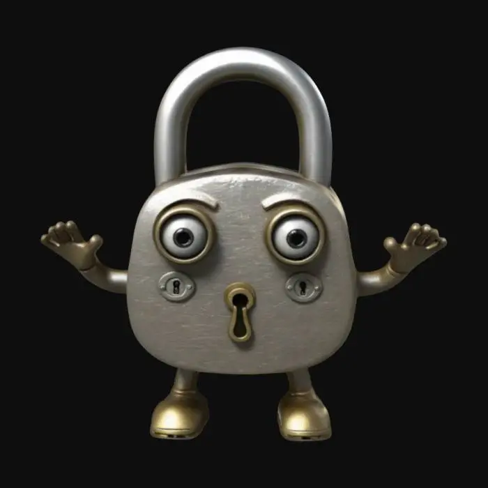 3D model for Create a detailed, high-quality model of an anthropomorphic padlock. The design should feature human hands and feet, complemented by large, cute eyes positioned on the front of the padlock. The character should have raised hands to convey a friendly demeanor. Additionally, ensure the model exhibits a realistic metallic texture, enhancing its visual appeal. Please facilitate accurate representation and usage in various applications.